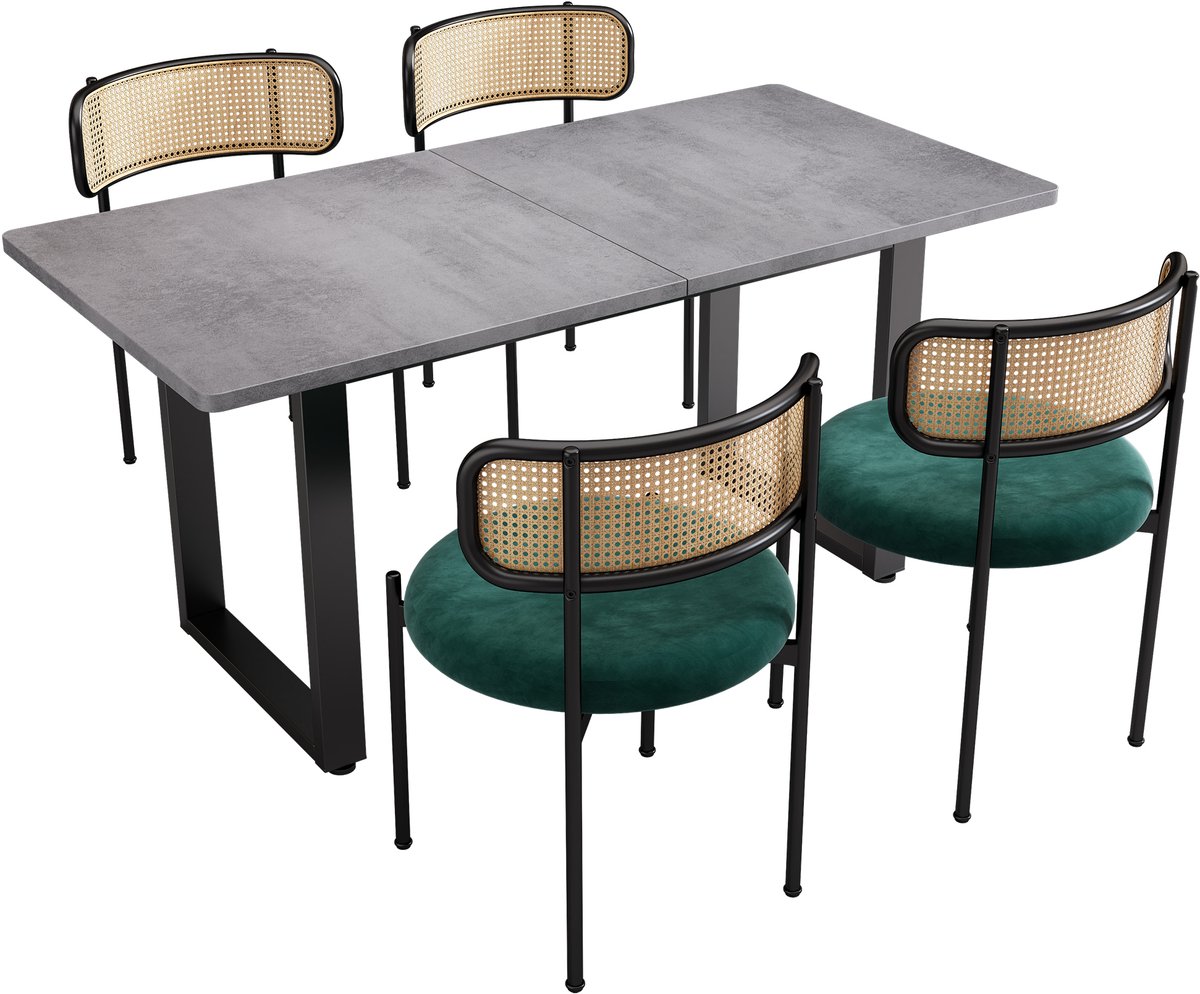 Eettafel Set 5 Delig - Industriële Eettafel Met 4 Velvet Stoelen - Moderne Eetkamerset Met Rotan Rugleuning En Metalen Poten Voor Keuken En Woonkamer - Zwart Grijs