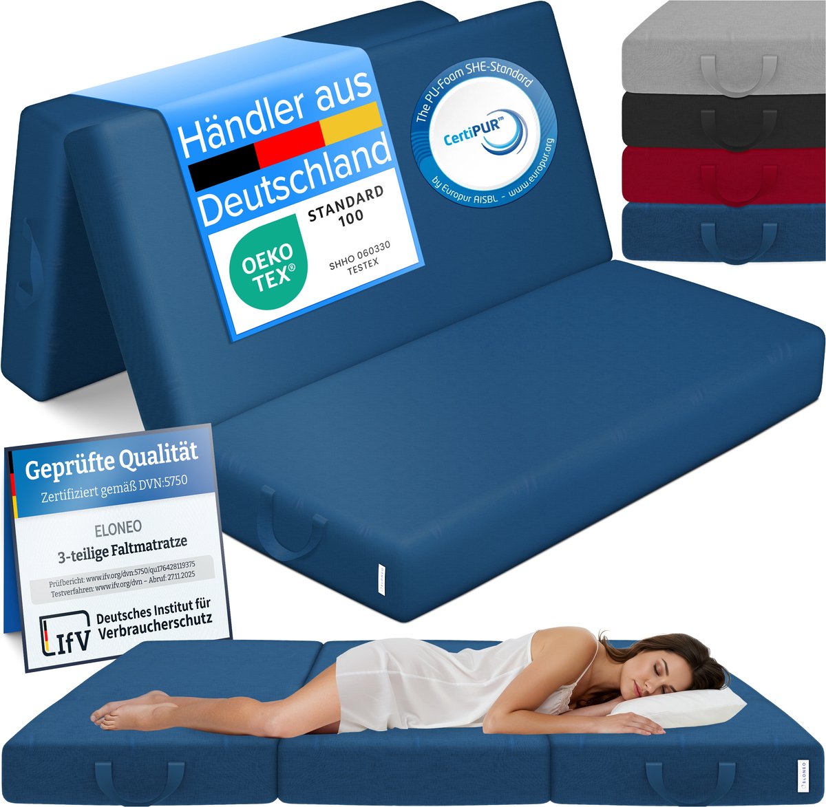 ELONEO Opvouwbaar Matras - 3-Delig Vouwmatras, Extra Dik 15 cm Schuim, Wasbaar en Draagbaar Logeermatras voor Volwassenen, Tweepersoonsbed (Blauw, 160 x 195 x 15 cm)