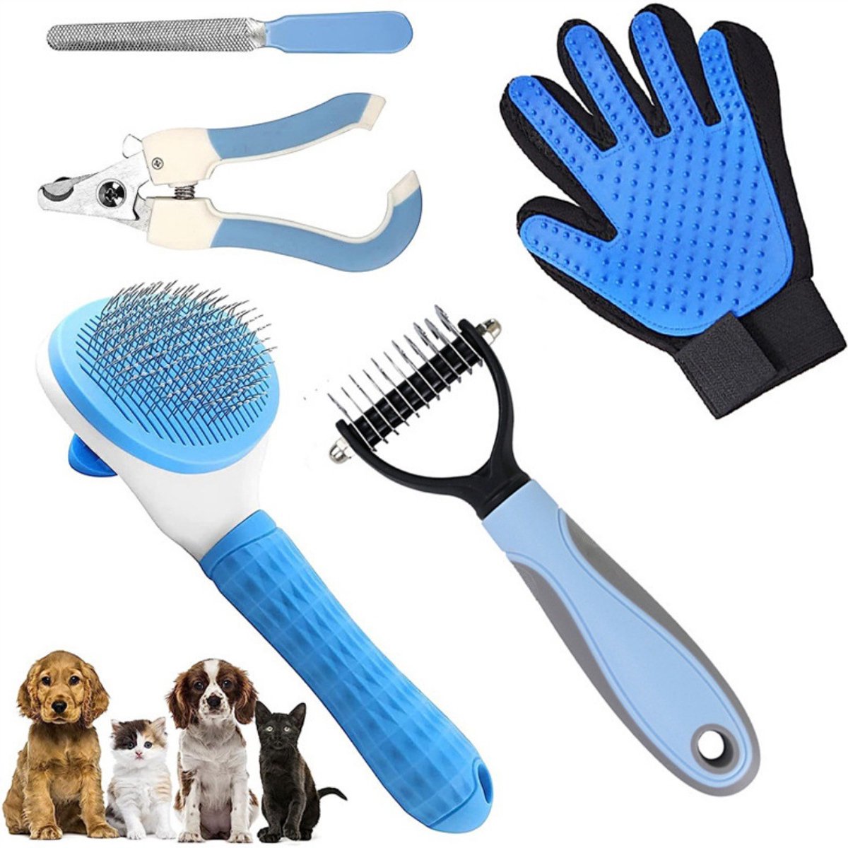 Claoner Ontklitkam voor honden katten - 5-delig - RVS rake brush - Vachtverzorging - Verwijdert losse haren - Voor lange korte vacht - Blauw