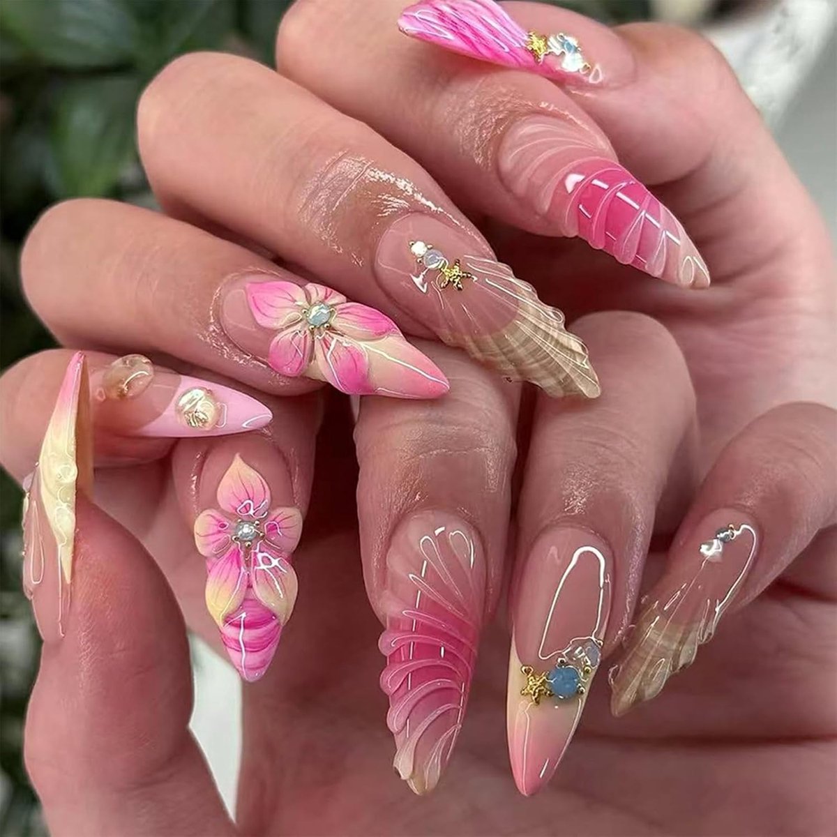 Druknagels 24 Stuks - Franse Manicure Met Bloemen En Strass - Elegante Look Voor Zomer - ShopVlot