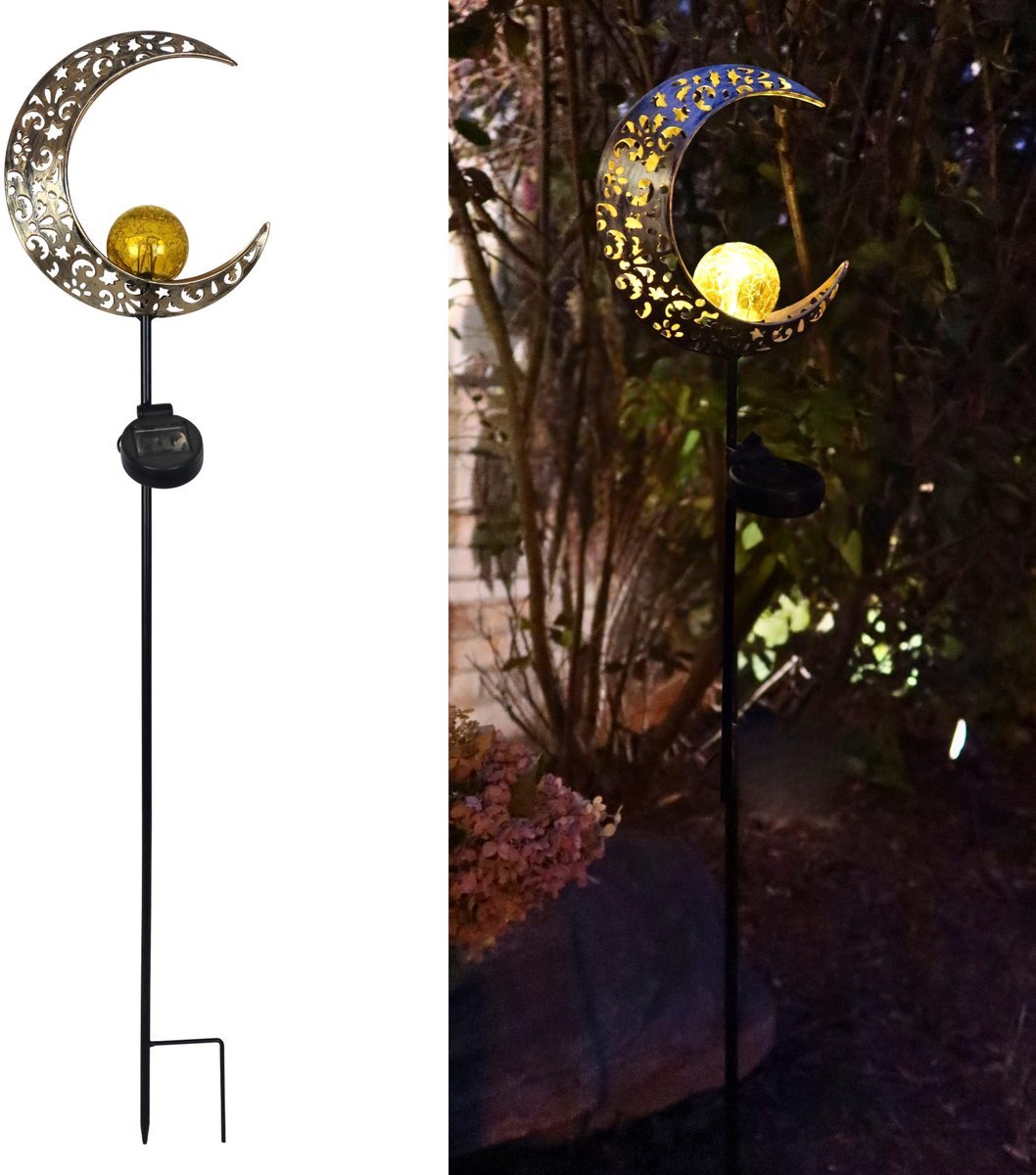 Casalora Tuinverlichting - tuinverlichting op zonneenergie - Solar Tuinverlichting Gouden Maan - 1 Stuks - Metaal en Glas - Kunstplanten Kunstbloemen Solar Schuttinglamp voor Tuin, Terras, Gazon