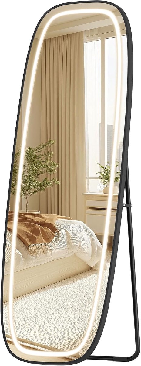 Hzuaneri Led-staande spiegel, 160 x 50 cm, staande spiegel met standaard, wandspiegel, 3 lichtkleuren, instelbare helderheid, voor slaapkamer, woonkamer, zwart