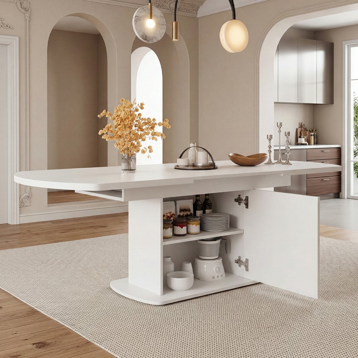 Uitschuifbare Eettafel 140/200x80x75 cm - Eettafel Met Opbergruimte En Inzetblad Wit Zilver