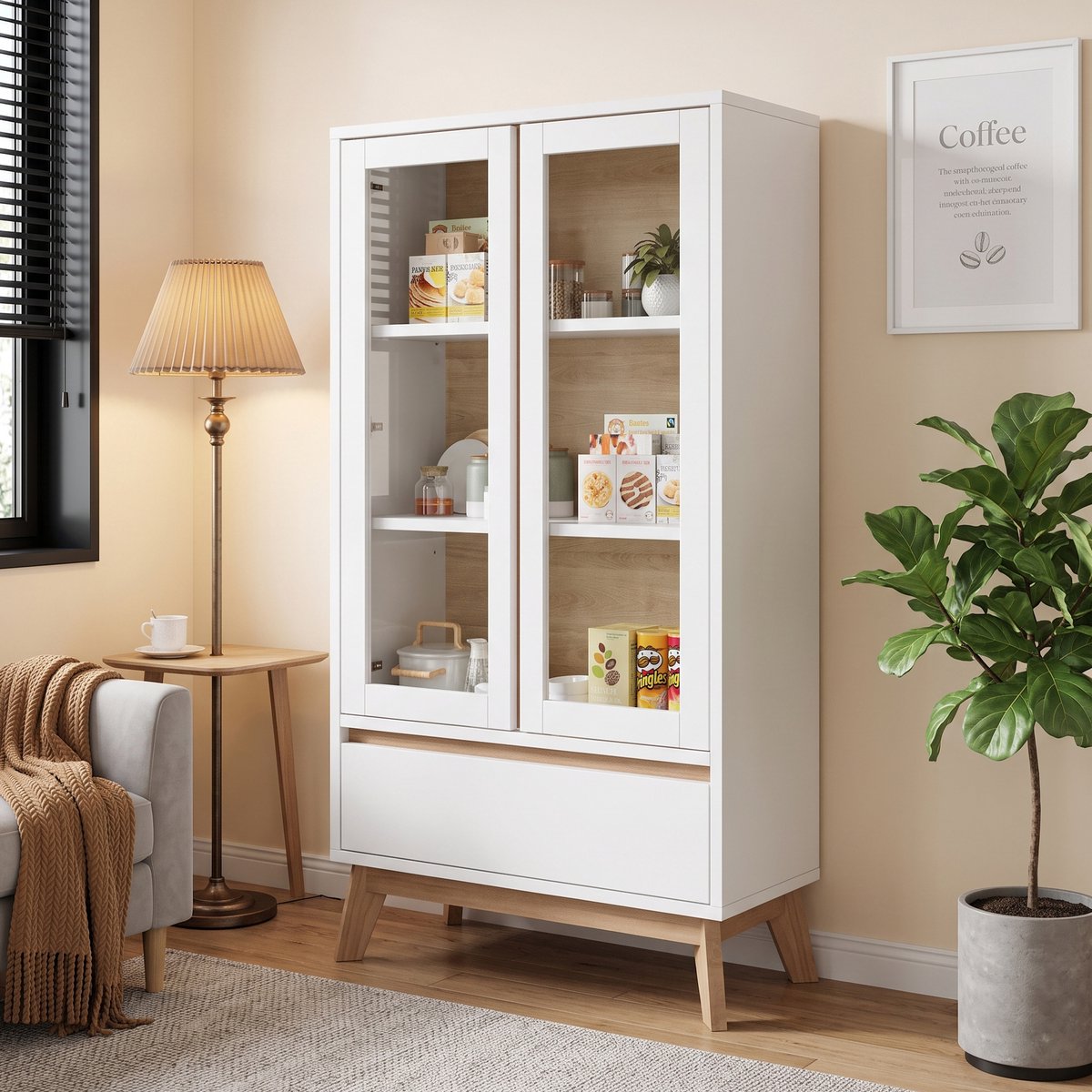 Keukenkast 80x40x150 cm - Buffetkast Met Verstelbare Legplanken En Lade - Moderne Opbergkast Met Scandinavisch Design Voor Keuken Eetkamer En Woonkamer - Wit Houtlook