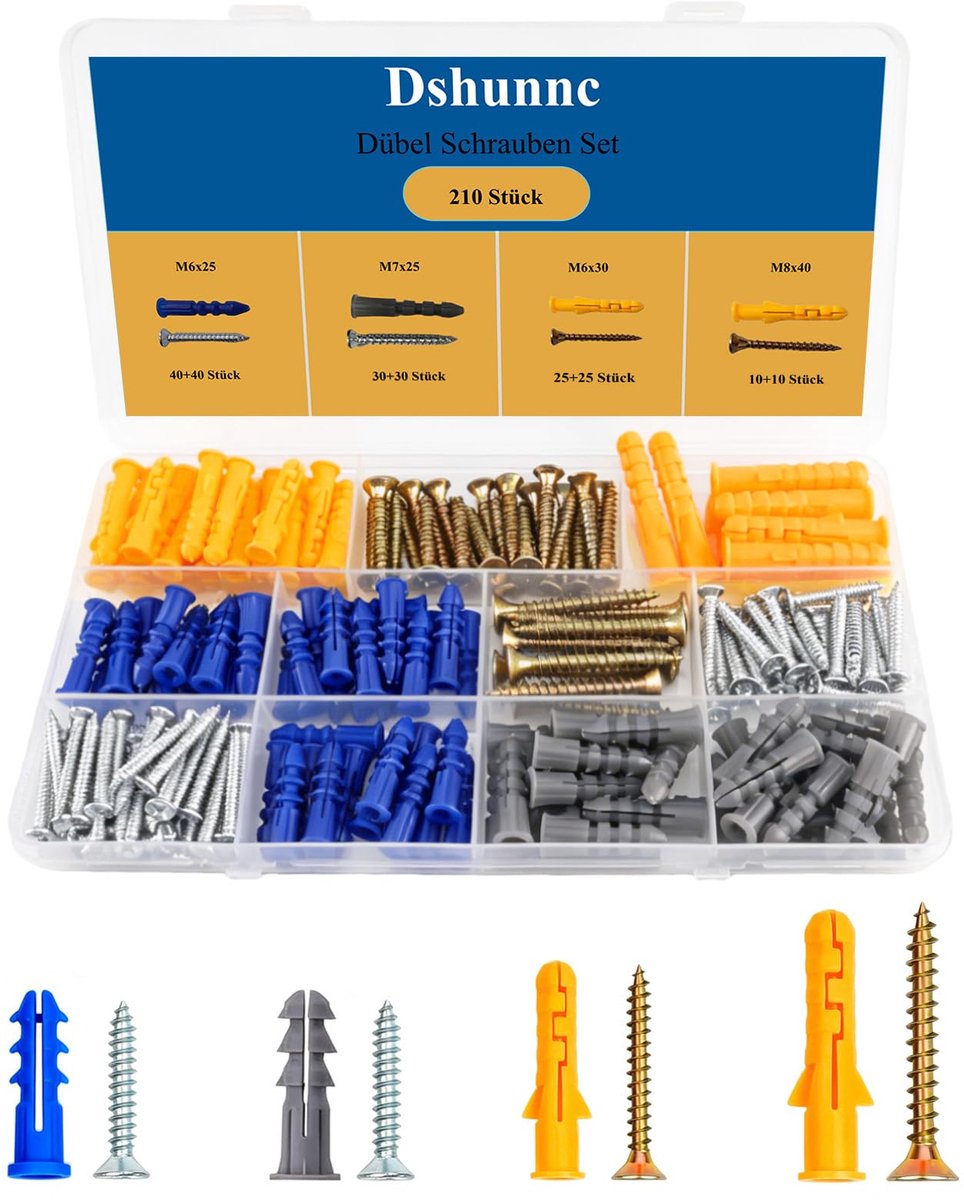 Pluggen schroeven set M6/M7/M8 - 210 stuks - stevige kwaliteit - ideaal voor bevestigingen - ShopVlot