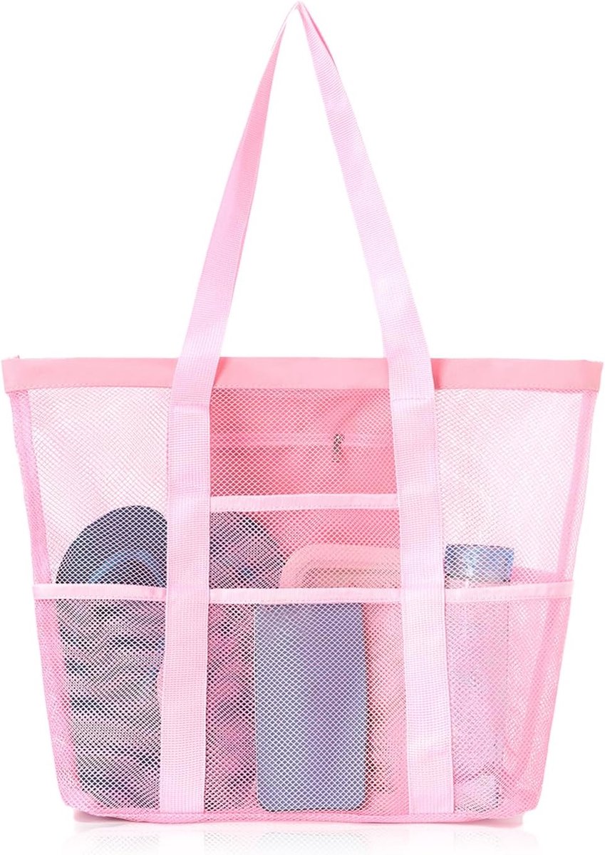 Strandtas grote capaciteit - mesh materiaal - met rits en waterbestendig vak - perfect voor gezin - ShopVlot