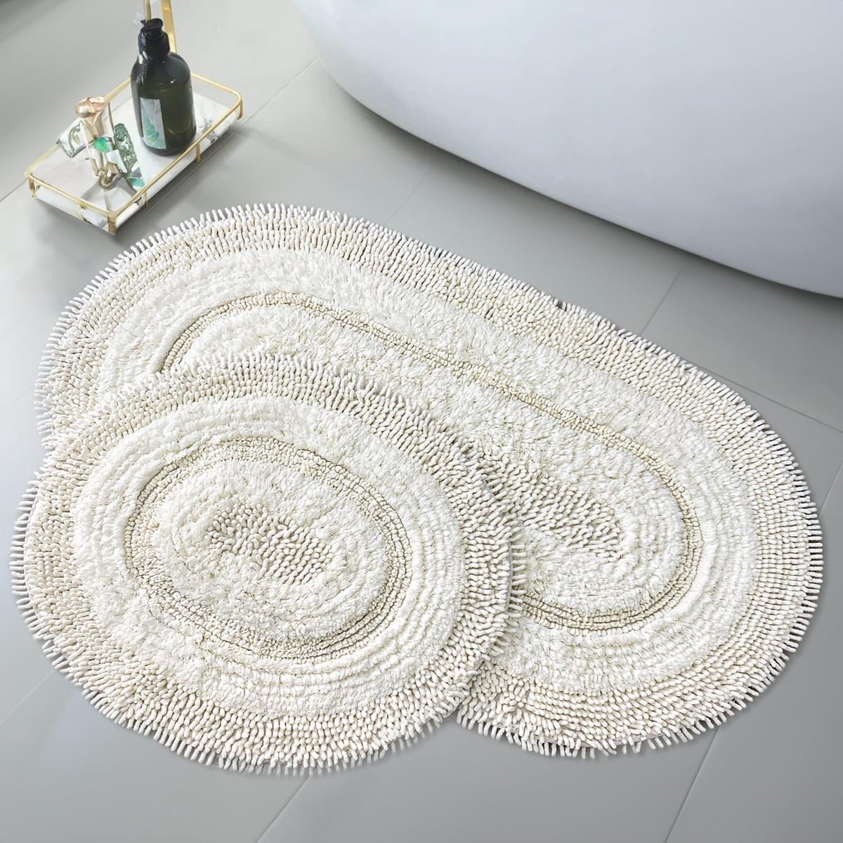 Badmat ovale 60 x 100 cm - crème - set van 2 - machinewasbaar - ShopVlot