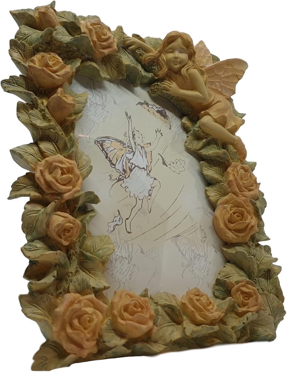 Fotolijst met fee en bloemen - polyresin materiaal - 20 cm hoog - voor binnen en buiten gebruik - ShopVlot