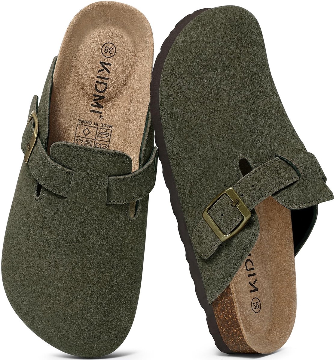 Unisex clogs – Koe suède – Comfort slippers – Houten clogs – Militair groen - 45- Geschikt voor een voetlengte van 28,6 cm