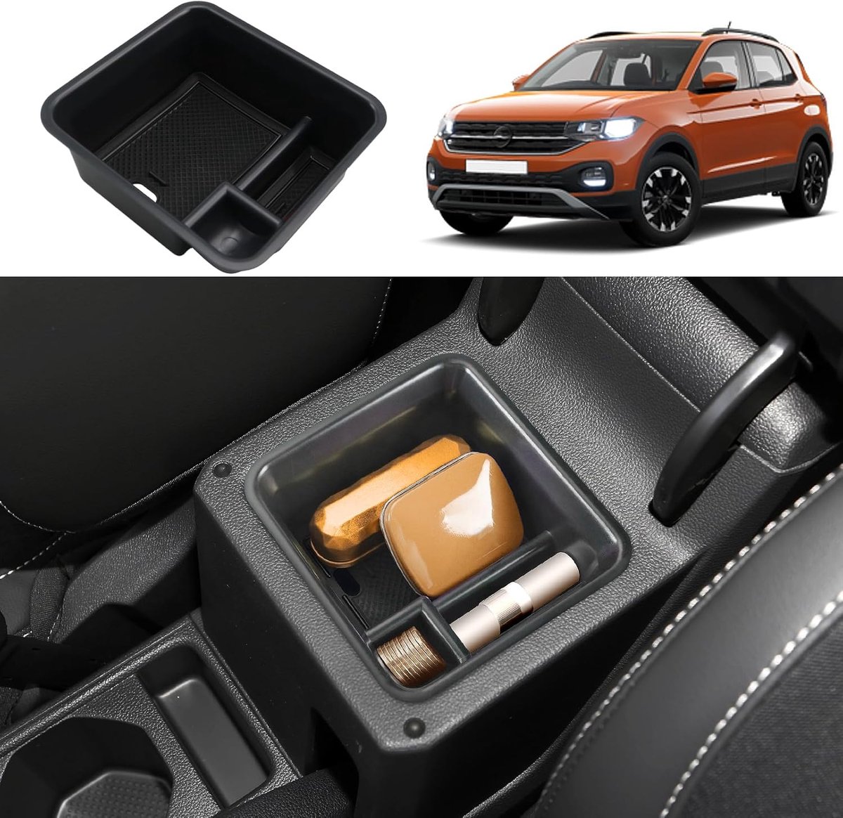 SnelShoppen - Armsteun Opbergcompartiment voor VW T-Cross 2018-2024, Center Armsteun Organizer met Antislipmat (Zwart)