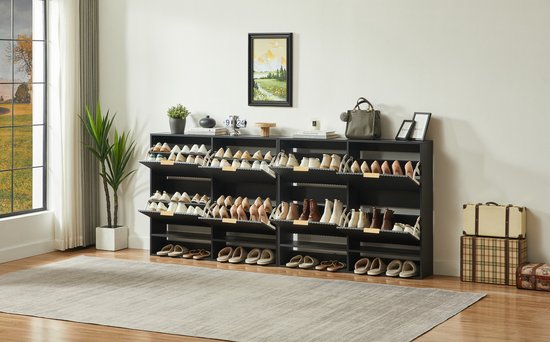 MODENUIT Schoenenkast - Nutfront Met Kantelbeveiliging - Voor Hal - Spaanplaat - Zwart - 120x24x102 Cm — afbeelding 4