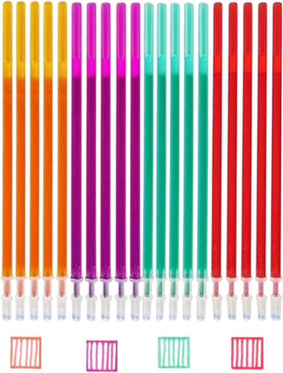 Set van 20 kleurrijke uitwisbare vullingen van 0,5 mm met thermogevoelige inkt in rood, oranje, groen en paars, ideaal voor scholen, kantoren en kleermakerijen