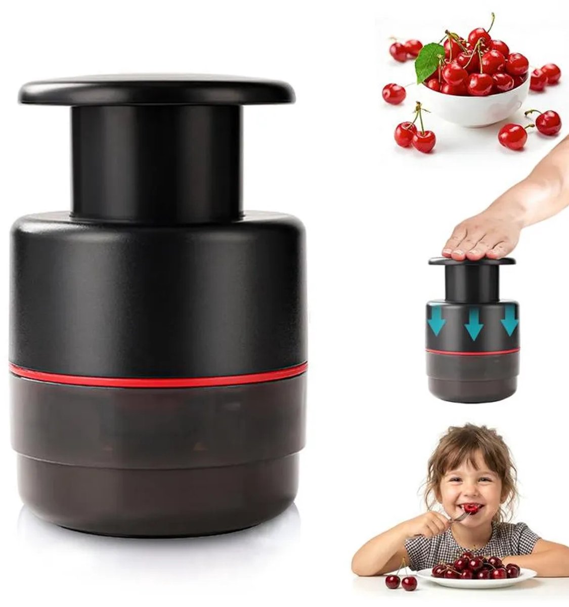 Fruitontpitter, 7 manieren om kersen te ontpitten, gemaakt van ABS/PC/304 roestvrij staal, druksysteem, handig voor bakken, jam maken en het bereiden van desserts.