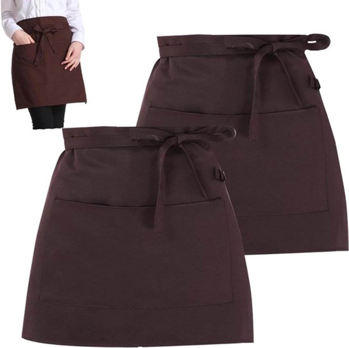Set van 2 zwarte katoenen tailleschorten van 40 x 60 cm met 2 handige zakken, ideaal voor koken en bakken met comfortabele pasvorm