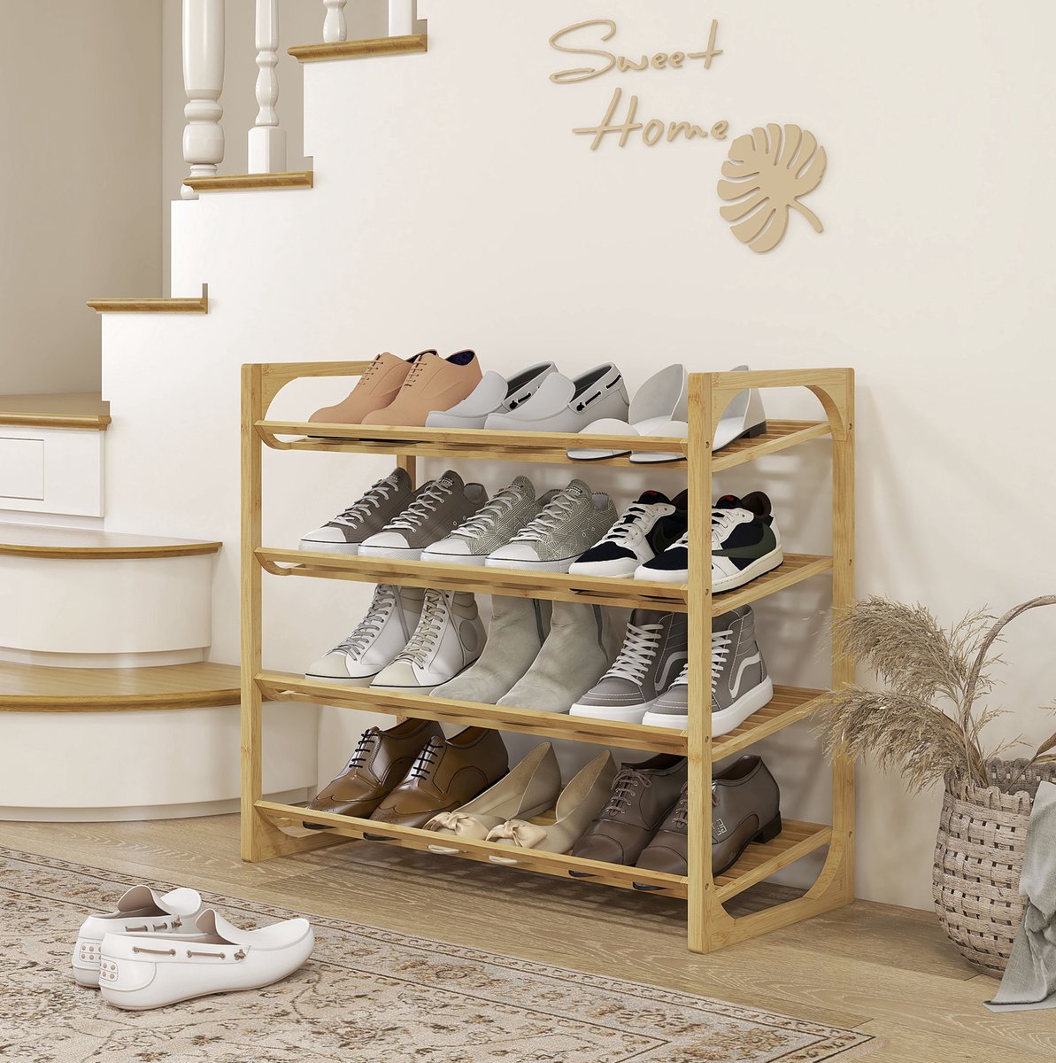 Schoenenrek Bamboe 4 Laags Open Staand Rek 76 X 33 X 67 Cm Naturel Voor 12 Paar Schoenen In Hal En Slaapkamer