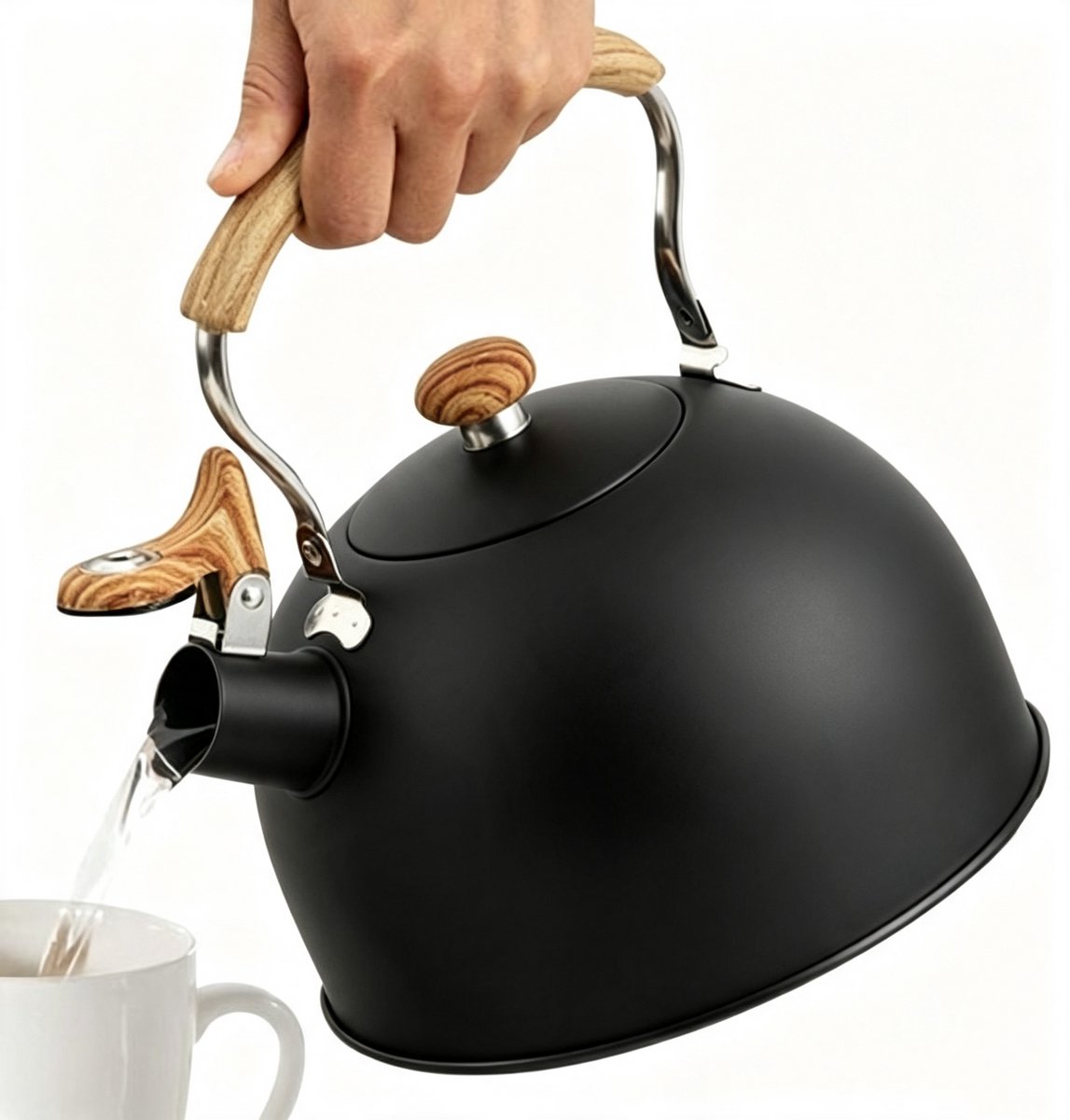 Waterkoker - Fluitketel 2.5L - Houtlook Anti-Heet Handvat - Fluitend bij Kookpunt - Zwart Pieper - Geschikt voor Gas & Inductie