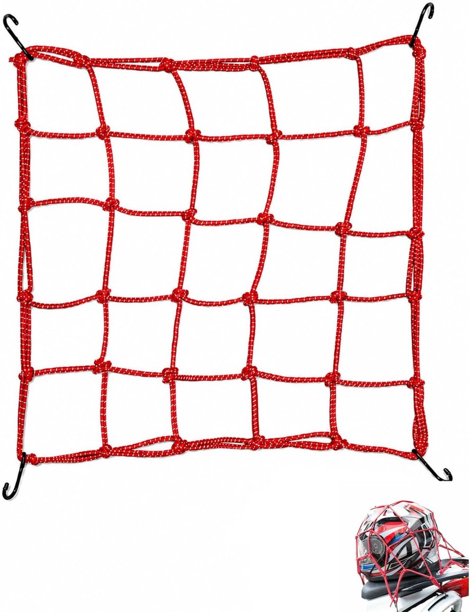 Elastisch motornet 40 x 40 cm - reflecterend rood - met snelhaken - veilige bevestiging helm en bagage - ShopVlot