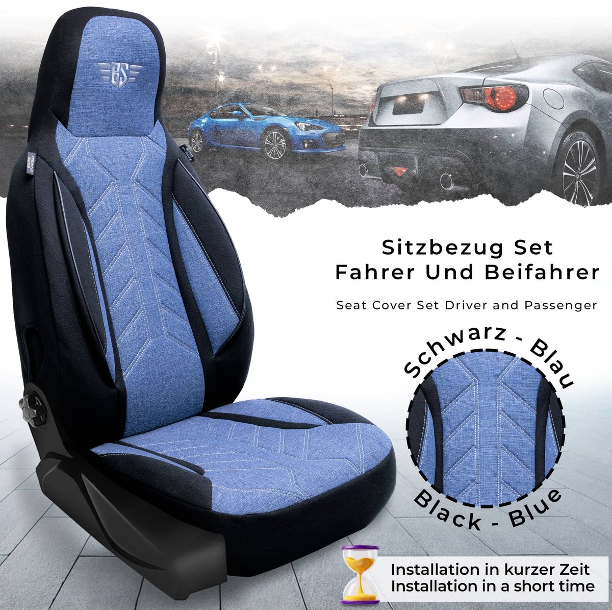 Autostoelhoezen voor Peugeot Bipper Tepee BJ 2008-14 – Stoelhoezen voor bestuurder en passagier in Zwart/Blauw
