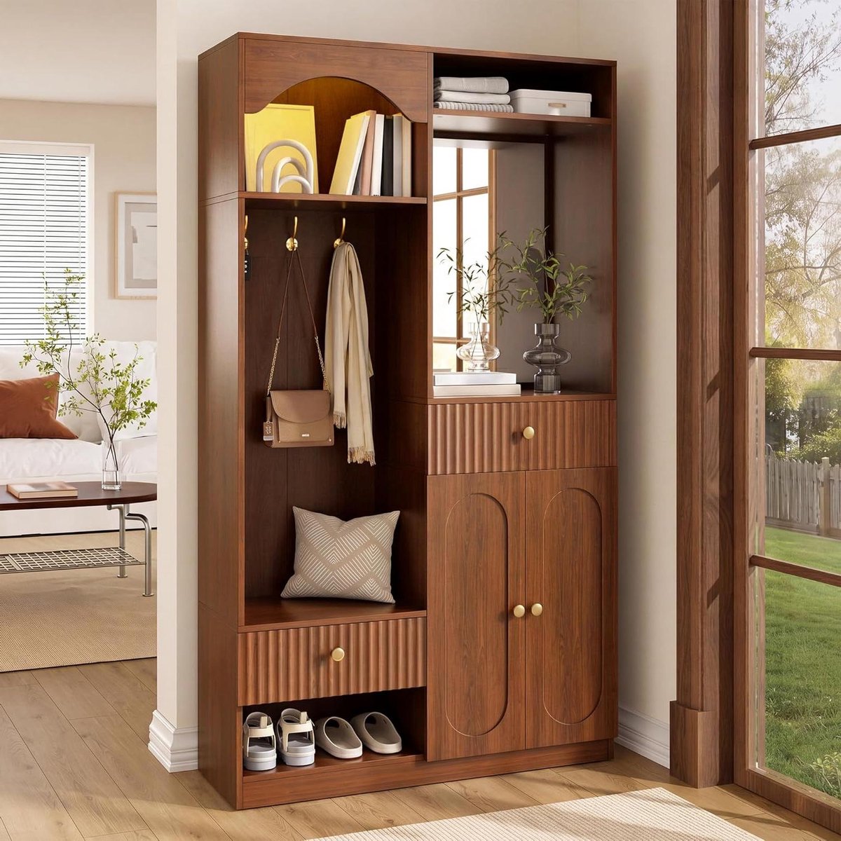 Compacte Kapstok - Garderobe Set - Entree Organiseren - Met Spiegel en Zitbank - 100x35x180 cm - Walnootkleur