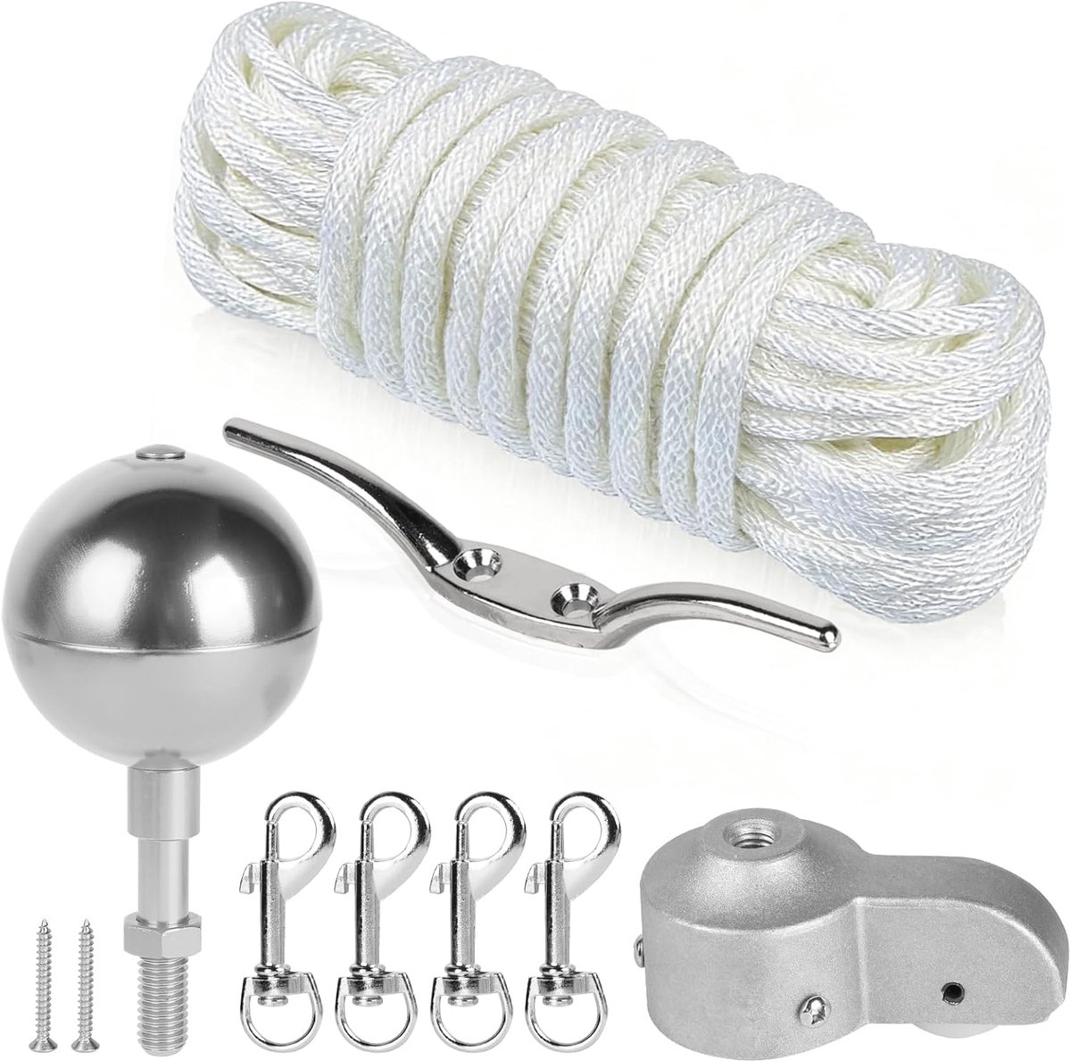 Vlaggenmast accessoire set - 15 m touw - zilver met decoratieve bal - ideaal voor tuin - ShopVlot