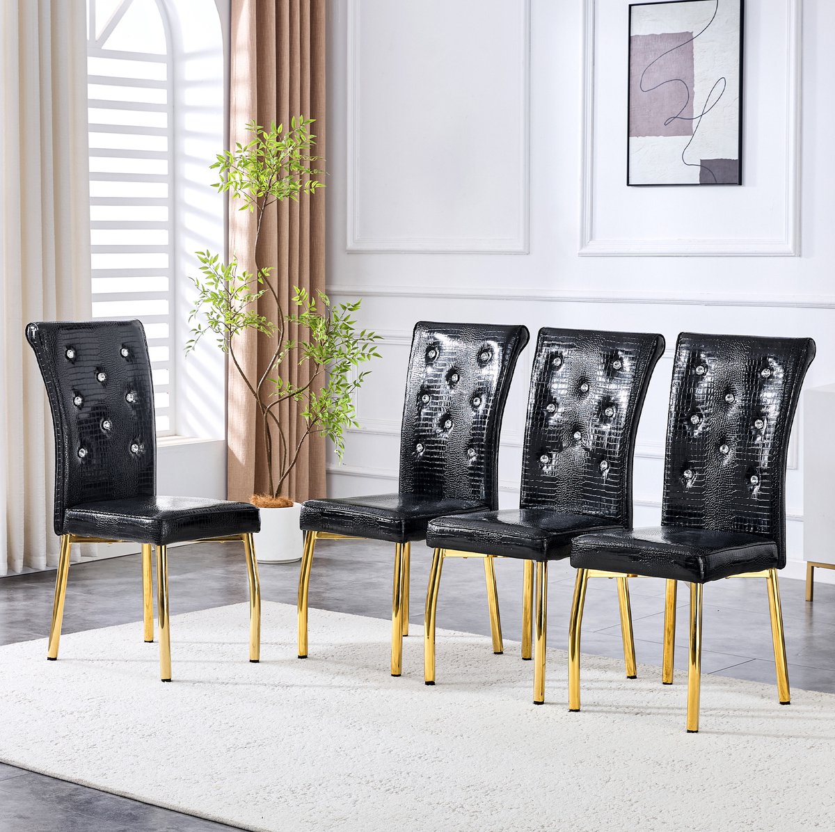 STILVORA Eetkamerstoel Set Van 4 - Retro Hoog Model Met Kristalknopen En Gouden Metalen Poten - Voor Eetkamer Keuken En Bar - Kunstleer - Zwart