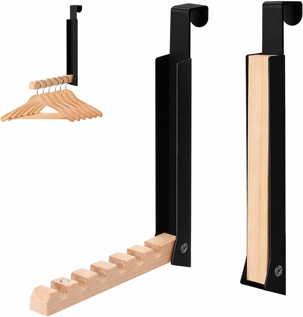 Door Coat Rack Collapsible Set of 2 for Hanging with 6 Clothes Hooks Made of Metal and Wood for 2 cm Door Frame - SnelShoppen