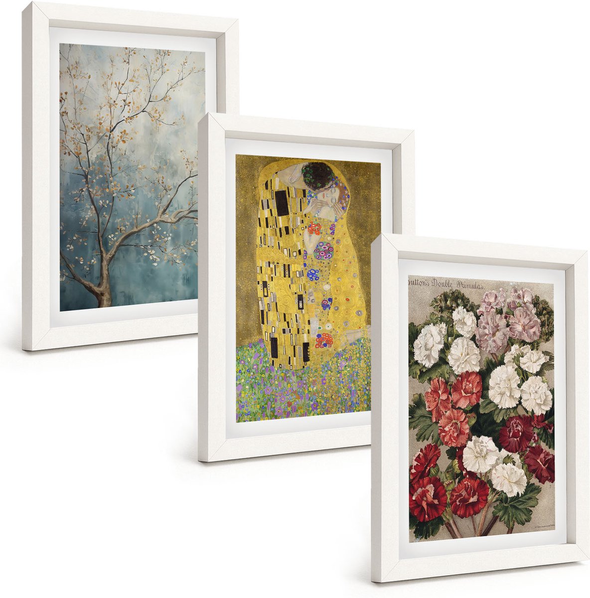 Wallfluent 3-Delige Schilderij Set - Bloemen En Bomen In De Schilderstijl Van De Kus Van Gustav Klimt. - 20 x 30 - Moderne Wanddecoratie - Slaapkamer - Muurdecoratie