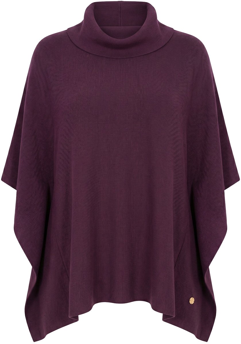 Ulla Popken - Dames - Poncho-trui oversized opstaande kraag mouwloos - Donkerpruim - Maat 2+