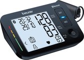 Zwarte digitale bloeddrukmeter met XL-display. Toont tijd, datum, systolische en diastolische druk, pols.