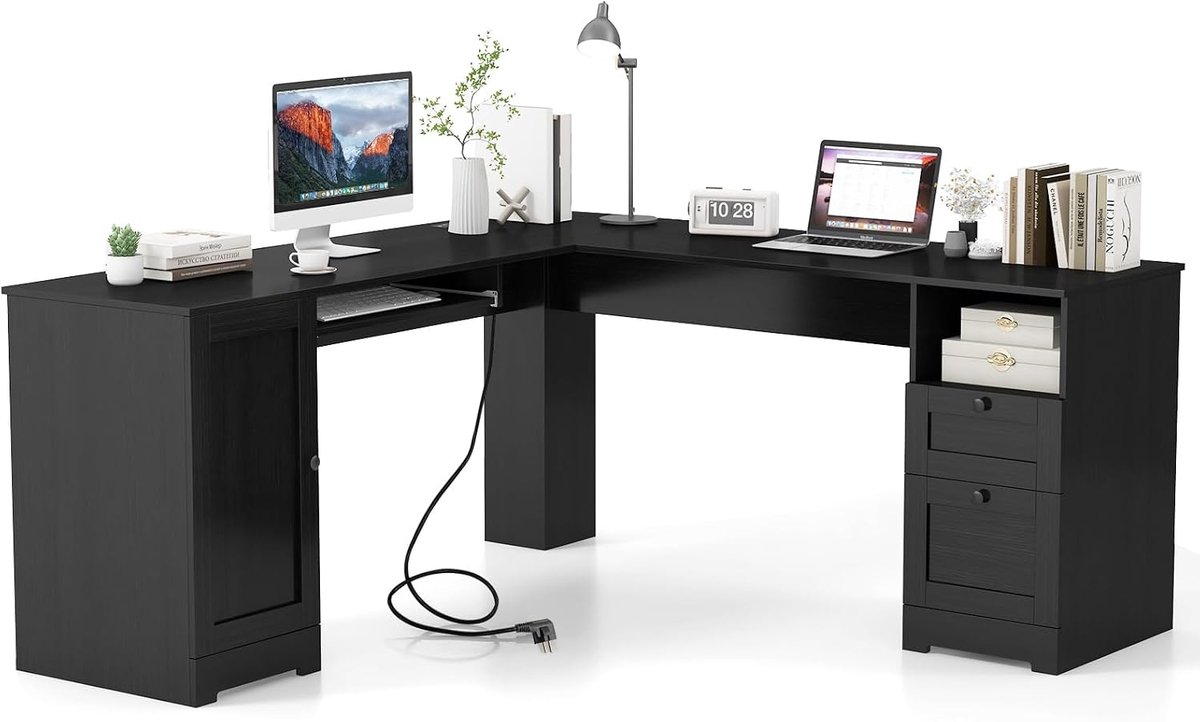 COSTWAY Bureau L-vormig, hoekbureau met oplaadstation, toetsenbordlade, kast en 2 laden, hoekbureau, computerbureau, bureau voor thuis of op kantoor, 168 x 168 x 76 cm (zwart)