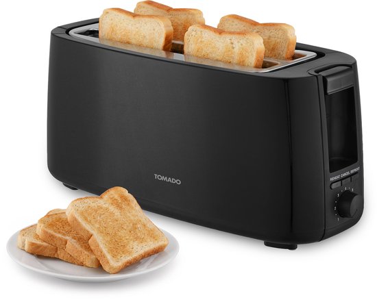 Zwarte Tomado broodrooster voor 4 sneetjes brood met 7 bruiningsstanden. Er liggen toastjes op een schoteltje.