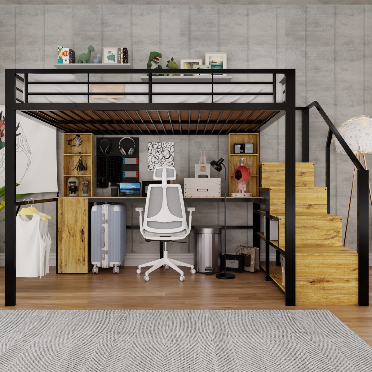 STILVORA Hoogslaper 140 x 200 cm – Met Bureau En Opbergruimte – Met Traptreden En USB Oplaadpunt – Voor Volwassenen – Metaal MDF – Zwart – Zonder Matras