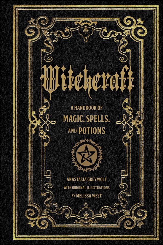 Livre intitulé 'Witchcraft', un manuel de magie, de sorts et de potions, avec des ornements dorés et un pentagramme.