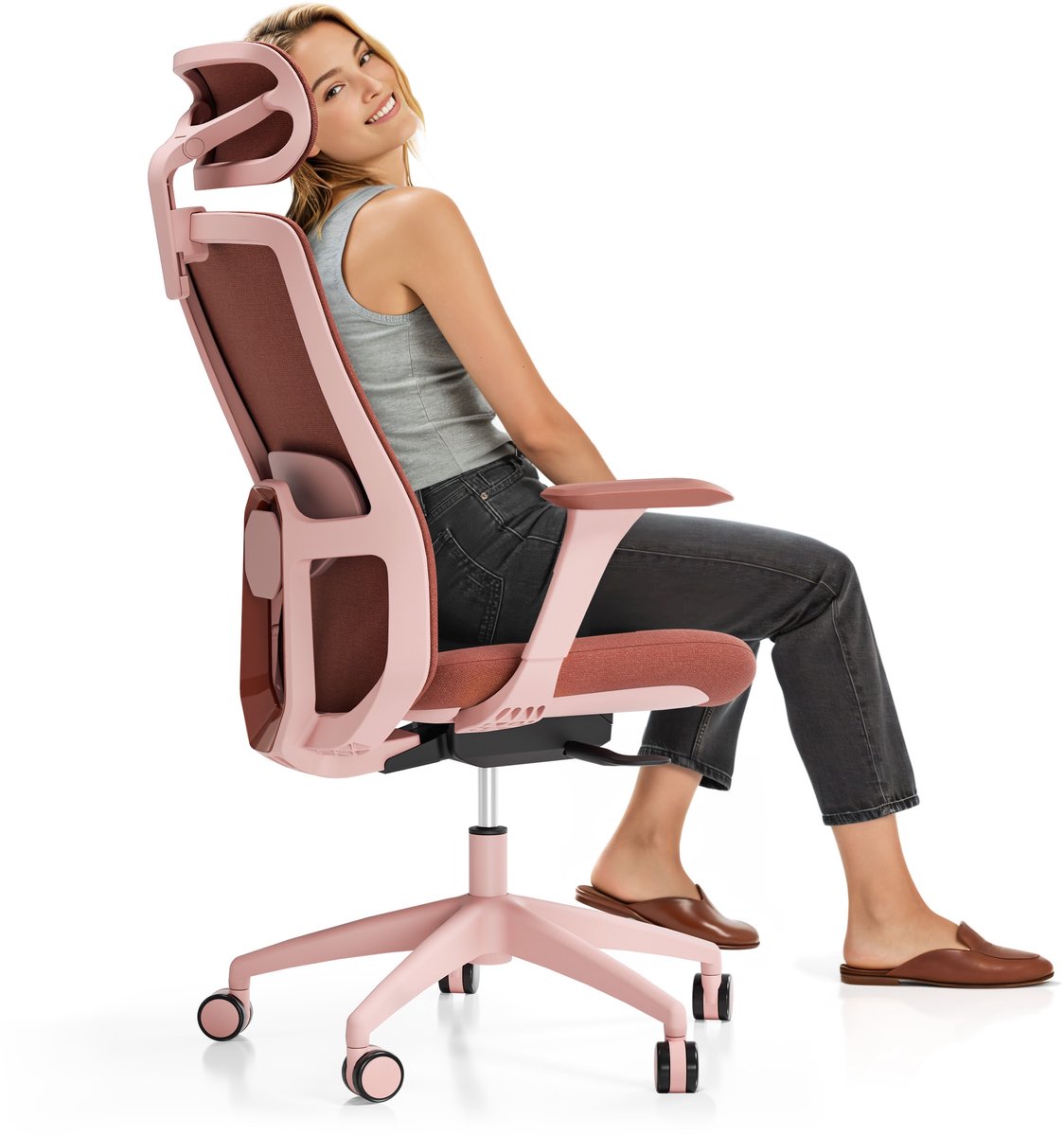 Desktronic SitOne Ergonomische Bureaustoel - Bureaustoelen voor volwassenen - Bureau stoel voor kantoor, gaming - 4D lendensteun systeem - Armleuningen 4D - Rugleuning 98° tot 135° - heeft BIFMA en .IGR ergonomiecertificering - Roze
