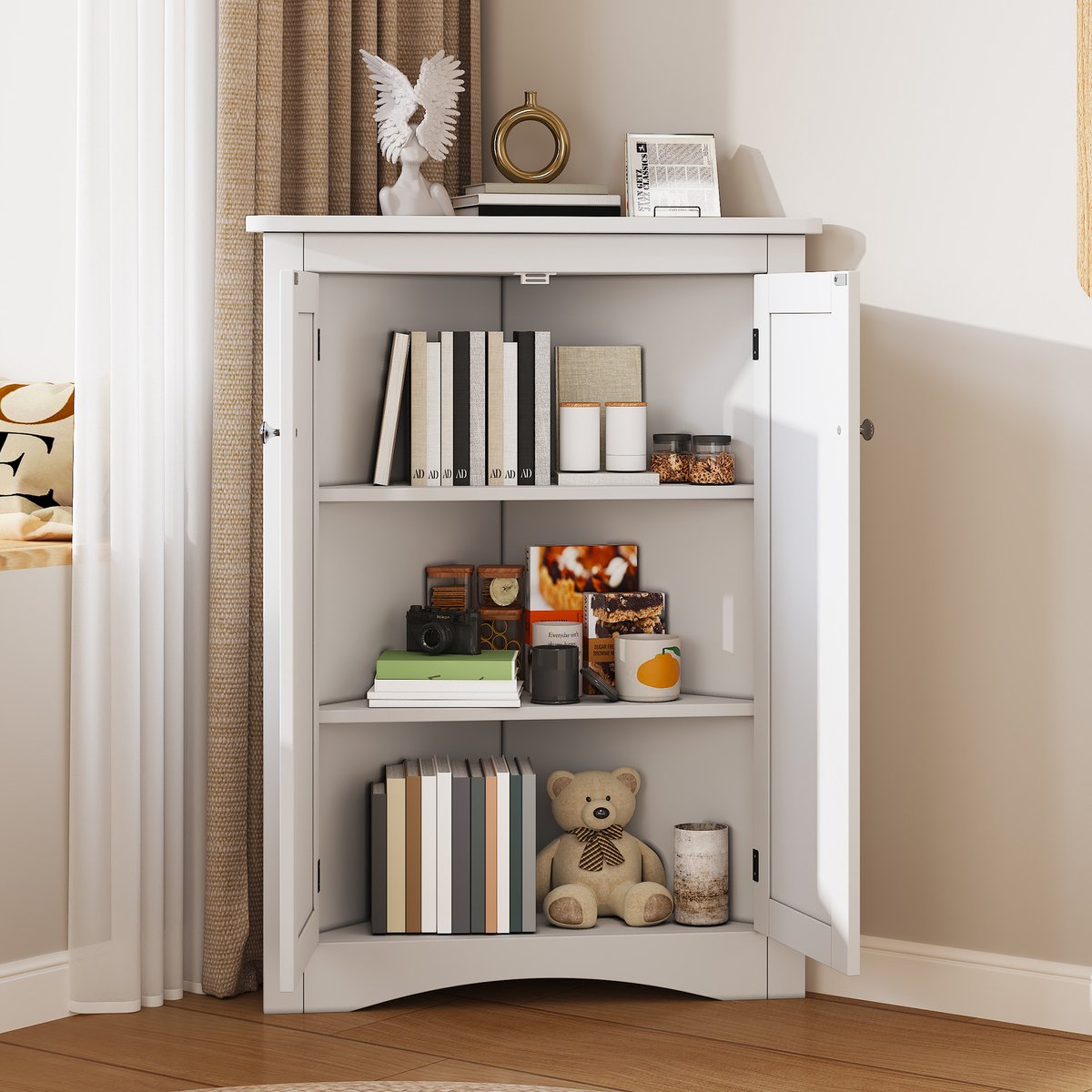 REDOM - Kast - Driehoekig hoekdesign - 2 deuren en 2 vaste planken - Vrijstaand - Badkamer, keuken of woonkamer - MDF - Wit - 61,5 x 34,5 x 80 cm