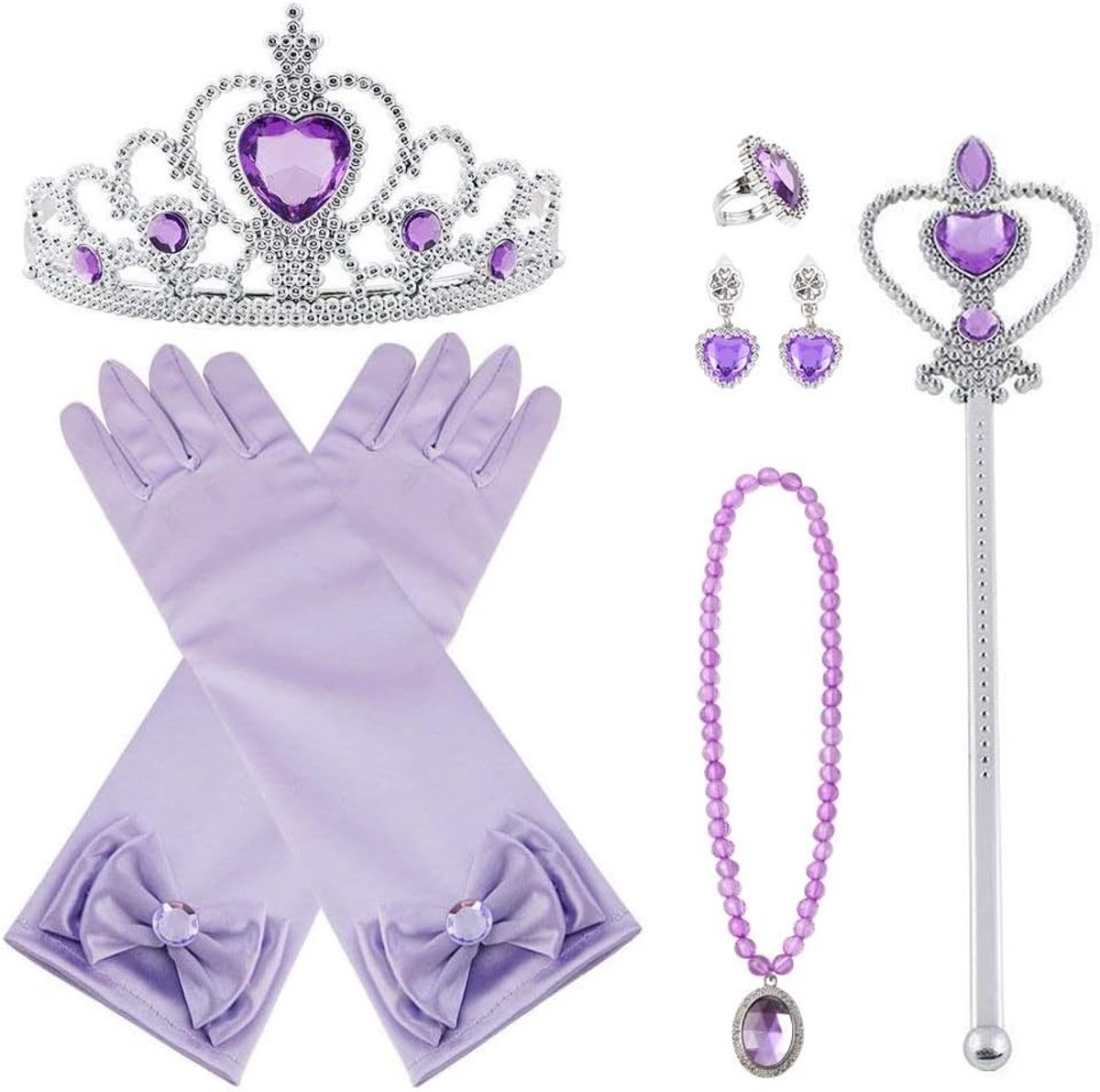 Prinsessen Kostuum Set voor Kinderen met Elsa Handschoenen, Hart Kroon, Toverstaf, Sieraden en Meer