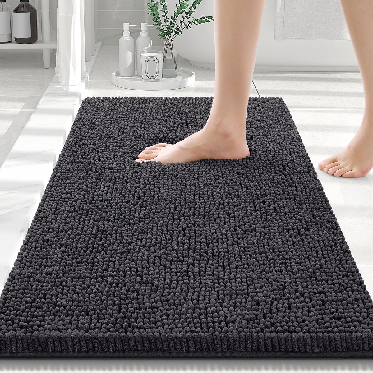 Olanly Badmat Antislip – Chenille Douchemat – Badmat Badkamer – Donkergrijs – 51X76cm