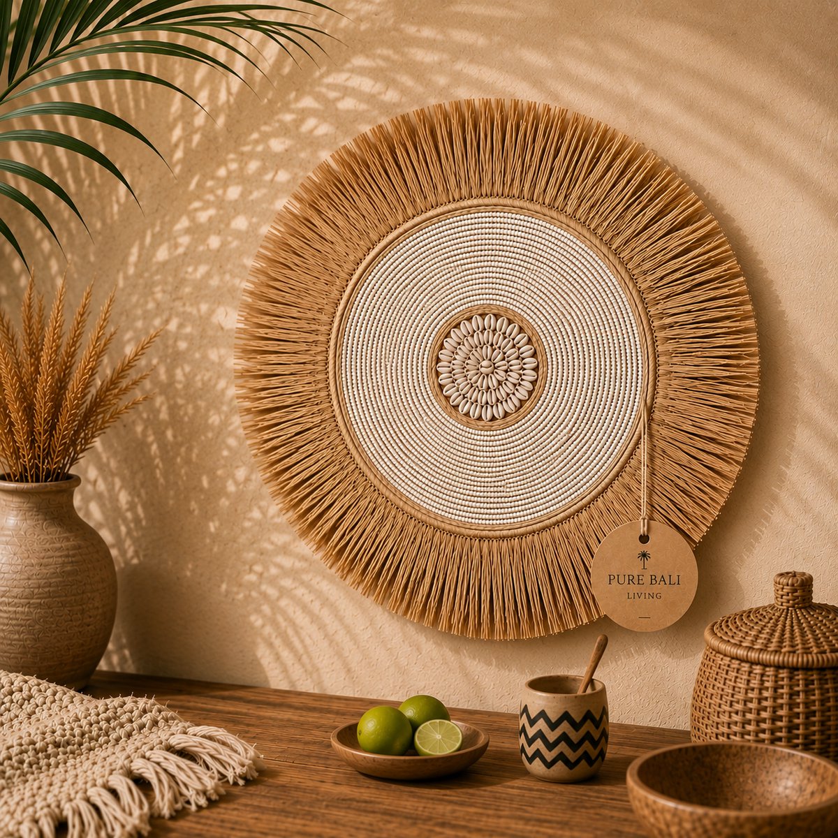 Wanddecoratie – Wandbord Naturel & Wit – Schelpen & Kralen – Bohemian – Ø45cm