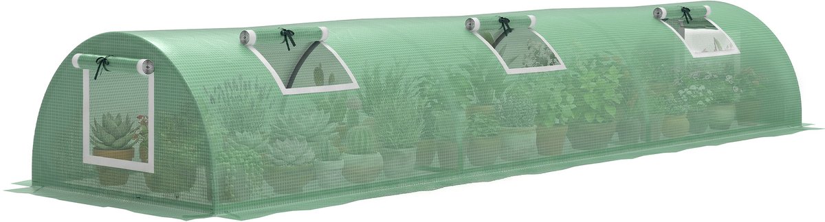 Tuintunnelkas met 5 oprolbare ramen en metaalframe - epoxycoating en 140 g/m² PE-folie - 300 x 80 x 45 cm - groen
