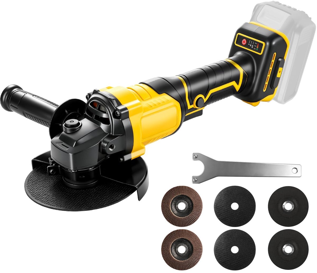 Accu Haakse Slijper 20V – 100/125 mm – Brushless – 6300 RPM – Inclusief 6 Schijven – Zonder Accu