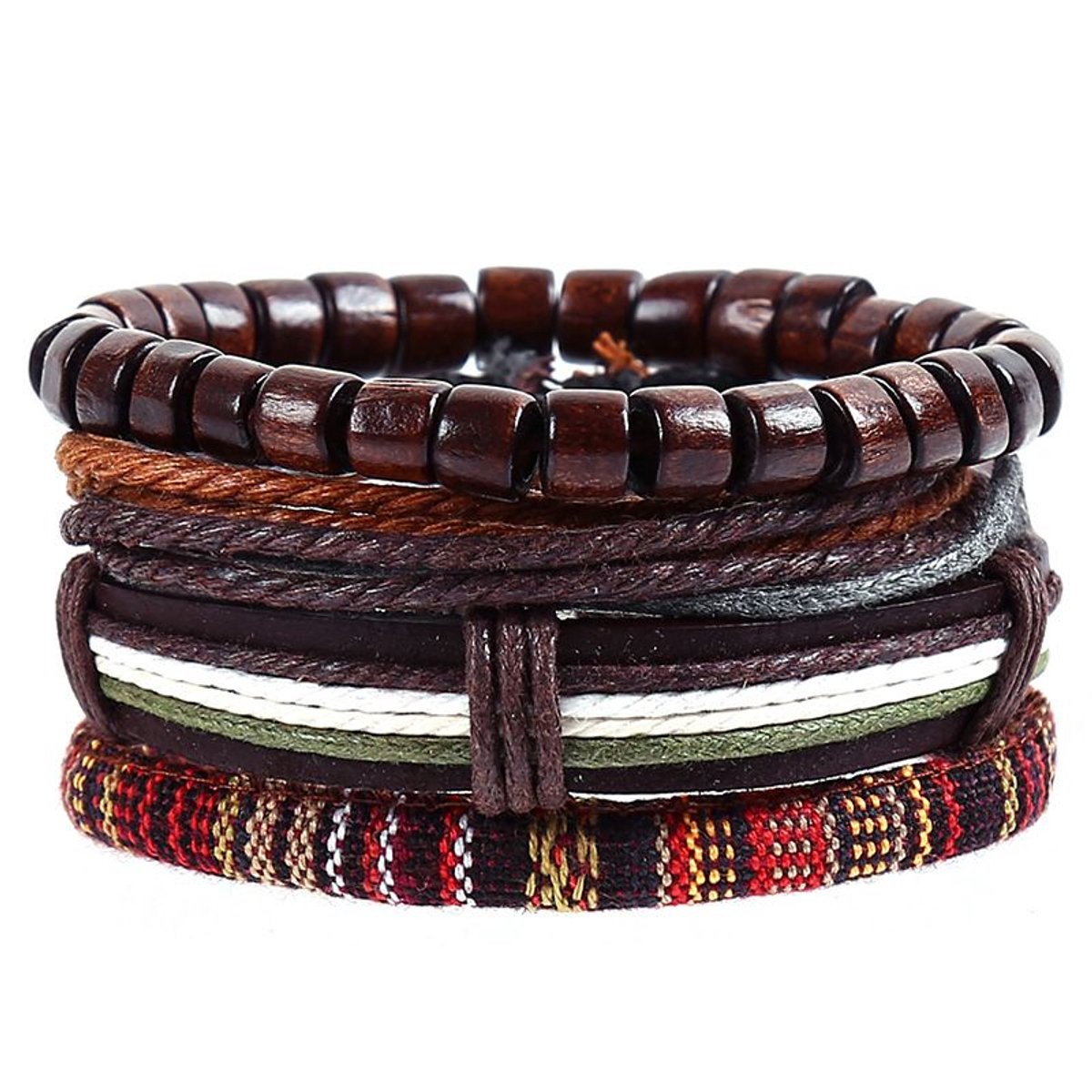 Heren Armbandenset Bruin – 4 Armbanden met Kralen en Koord – Verstelbare Surfer Armbandjes – Boho Bohemian Stijl