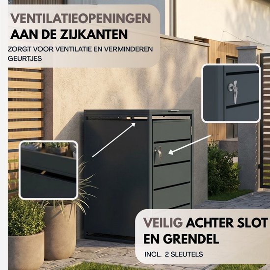 Antracietkleurige containerombouw met ventilatie aan de zijkanten en afsluitbaar met slot.