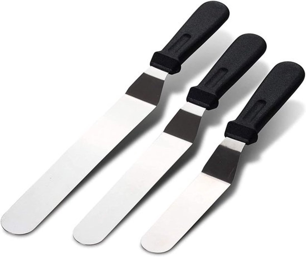 Paletmes - 3-delig - Glaceermes -Roestvrij stalen paletmes - Spatelset - Gebogen Spatel - Pannenkoekenspatel - Cake spatel - Gebakspatel - voor bakken, taartdecoratie, koken, glazuur gebak, cupcake - Zwart