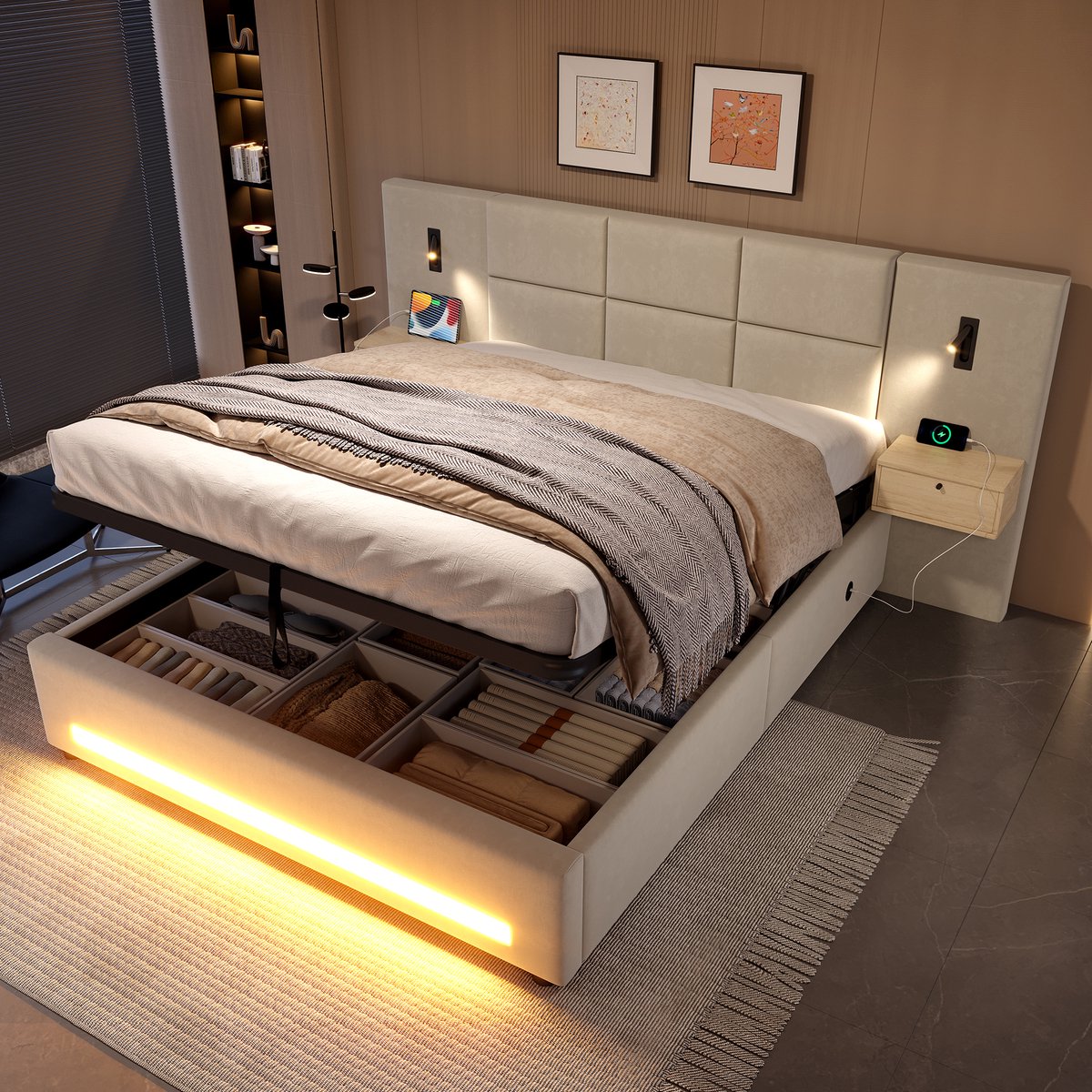 OKWISH Gestoffeerd Bed 160x200 cm – Opbergbed Met Led Verlichting, Usb-C En Hydraulische Opbergruimte – Zacht Velours – Beige – Zonder Matras