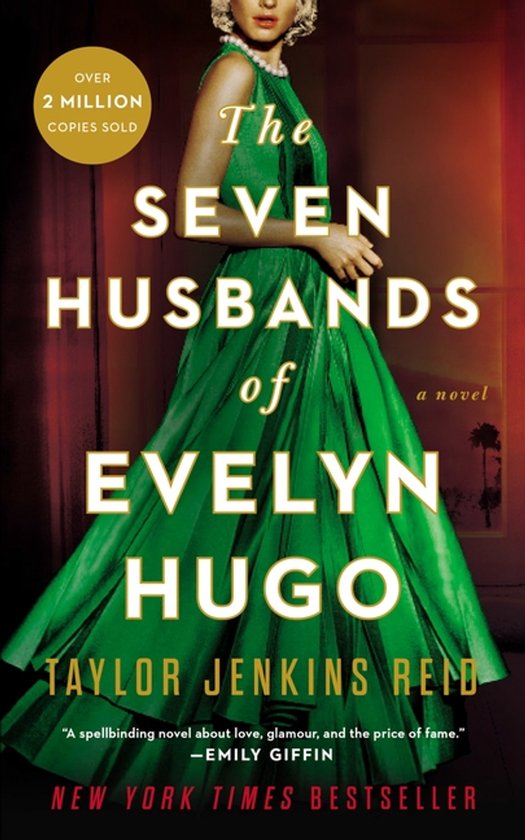 Boekomslag van "The Seven Husbands of Evelyn Hugo" met een vrouw in een smaragdgroene jurk. "Over 2 miljoen exemplaren verkocht".