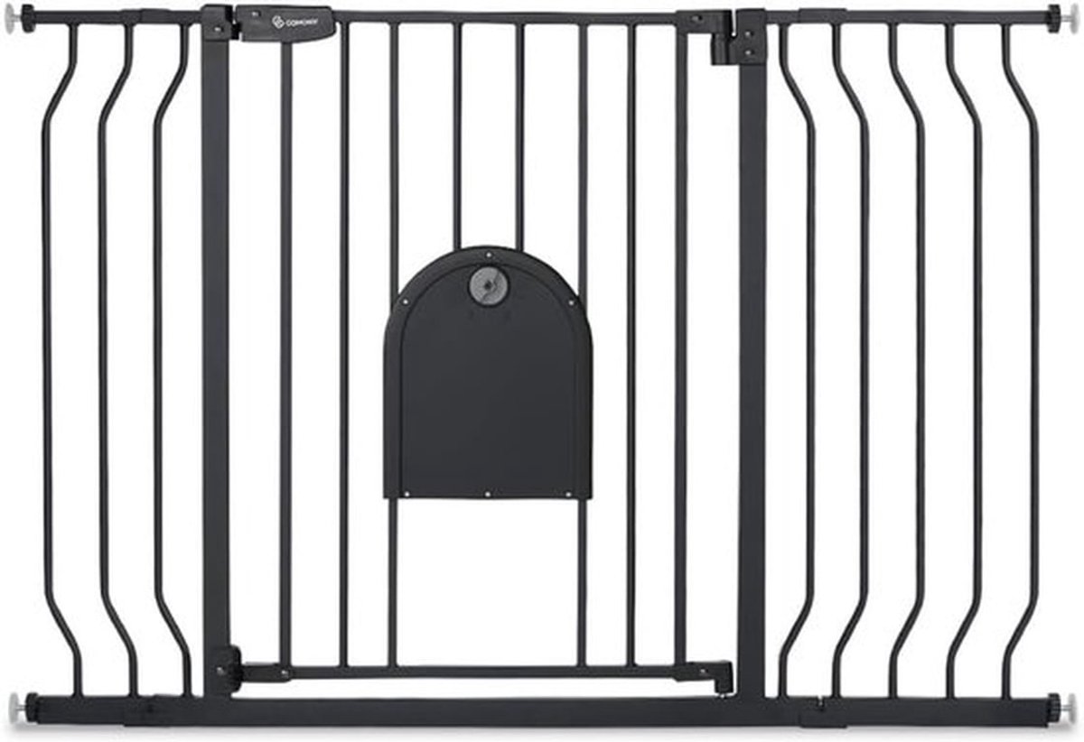 SnelShoppen - Baby- en Hondenhekje zonder Boren, 75-123cm Automatische Sluiting Veiligheidsgate met Kattenluik, Zwart voor Kinderen, Honden en Katten