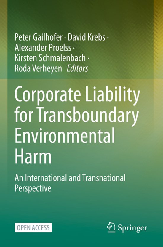 Boekomslag: Corporate Liability for Transboundary Environmental Harm, met groene gradiënt en Springer-logo.