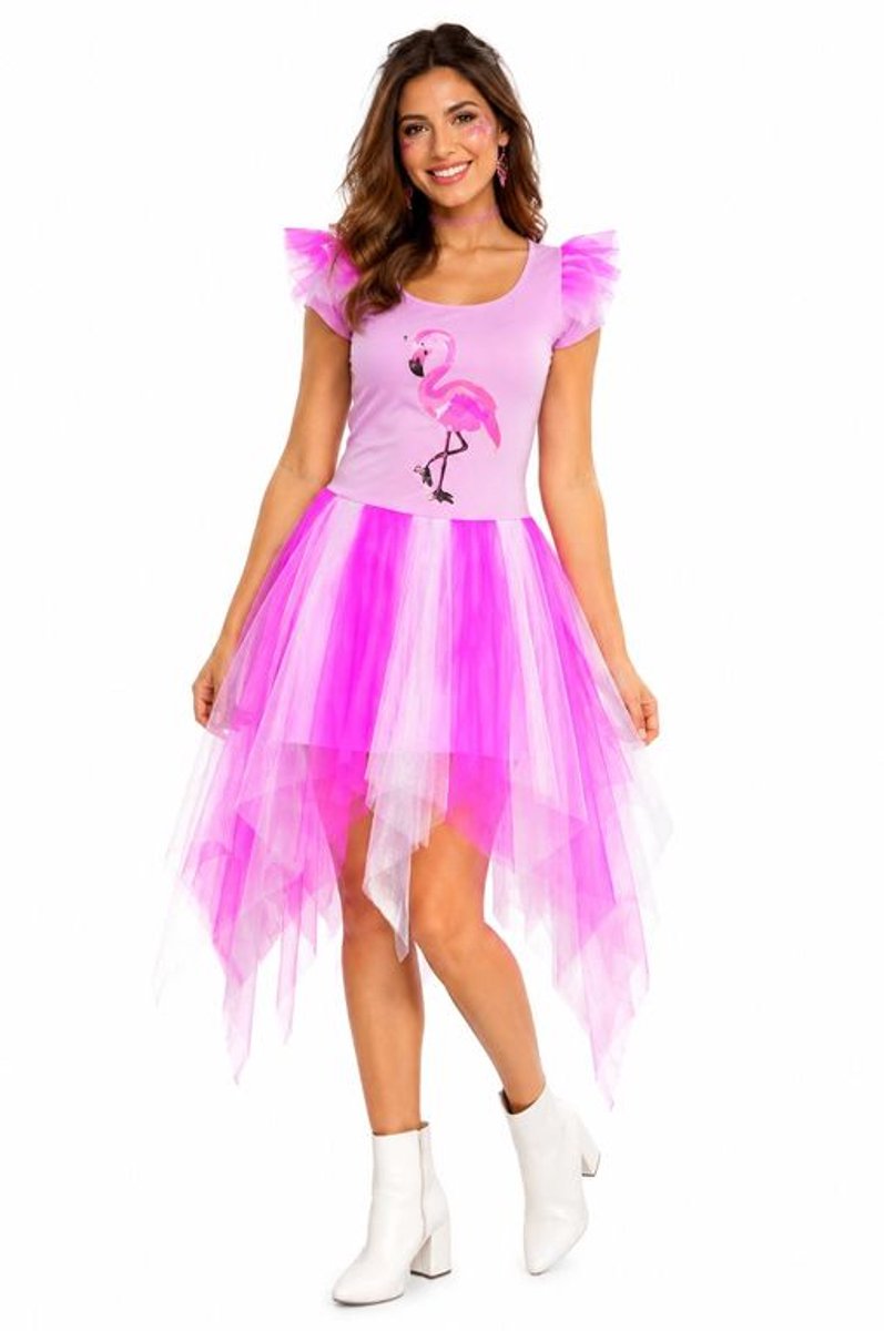 Dames Flamingo Verkleedjurk – Roze met Tule Rok - maat 38