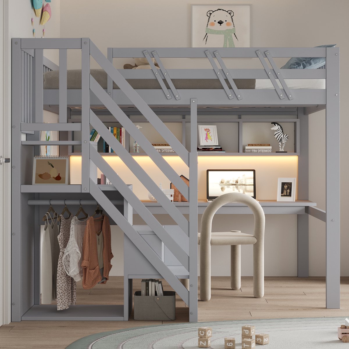 OKWISH Hoogslaper 140x200 Cm - Bed Met Bureau, Opbergtreden, Opbergruimte, Usb-Stekkerdoos En Ledverlichting - Kinderbed - Hout - Grijs - Zonder Matras