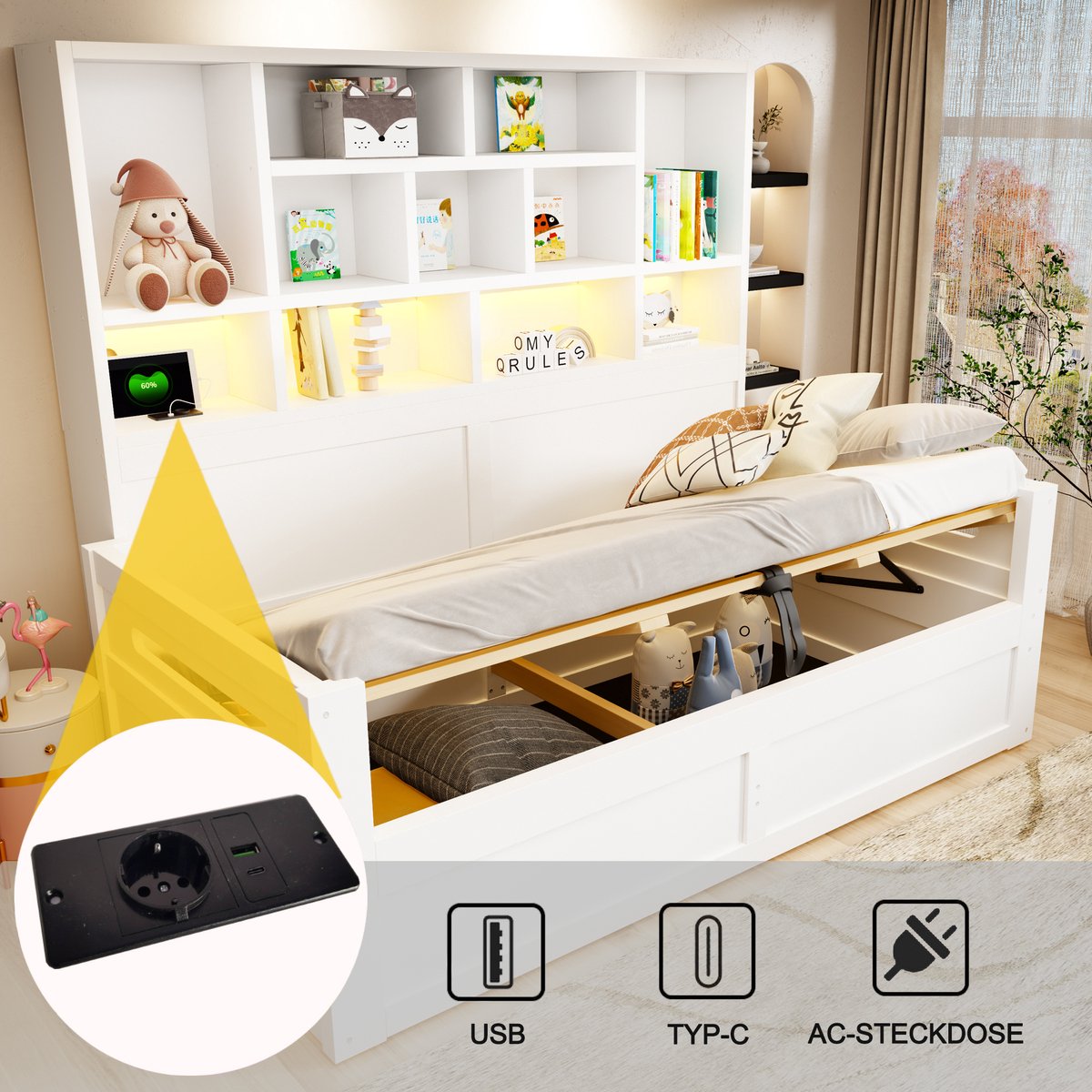 OKWISH Slaapbank 90x200cm Zonder Matras - Opbergbed Met LED Verlichting En Stopcontact - Hydraulische Opbergruimte - Voor Jeugd Kamer - MDF - Wit